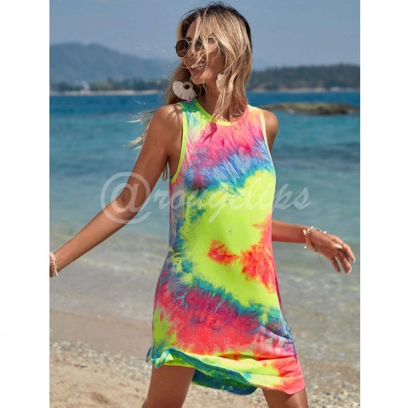 Tie Dye Bright Multicolor Mini Tank Dress - Picture 4 of 6